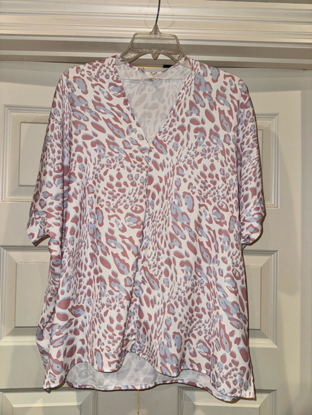 Relaxed V-Neck Leopard Print Blouse in Pink and Light Blue